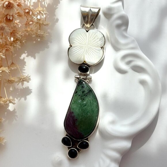 Agate & Mother of Pearl Gemstone Minimalist Sterling Silver 925 Vintage Pendant - Picture 1 of 10